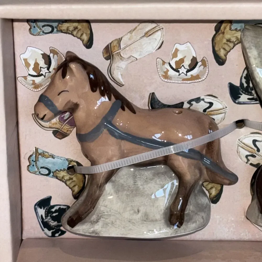Blue Sky Clayworks Western Cowboy Horse Wagon Salt & Pepper Shakers NEW